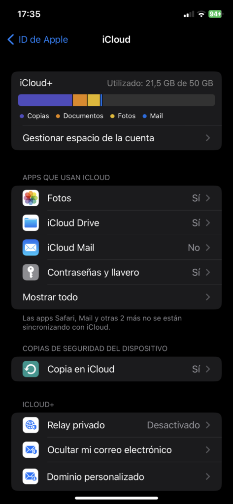 Gestionar espacio iCloud